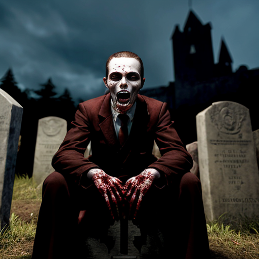 a vampire face with full crimson blood in his mouth. he is sitting in a grave with other zombies around and behind him is a big ancient castle