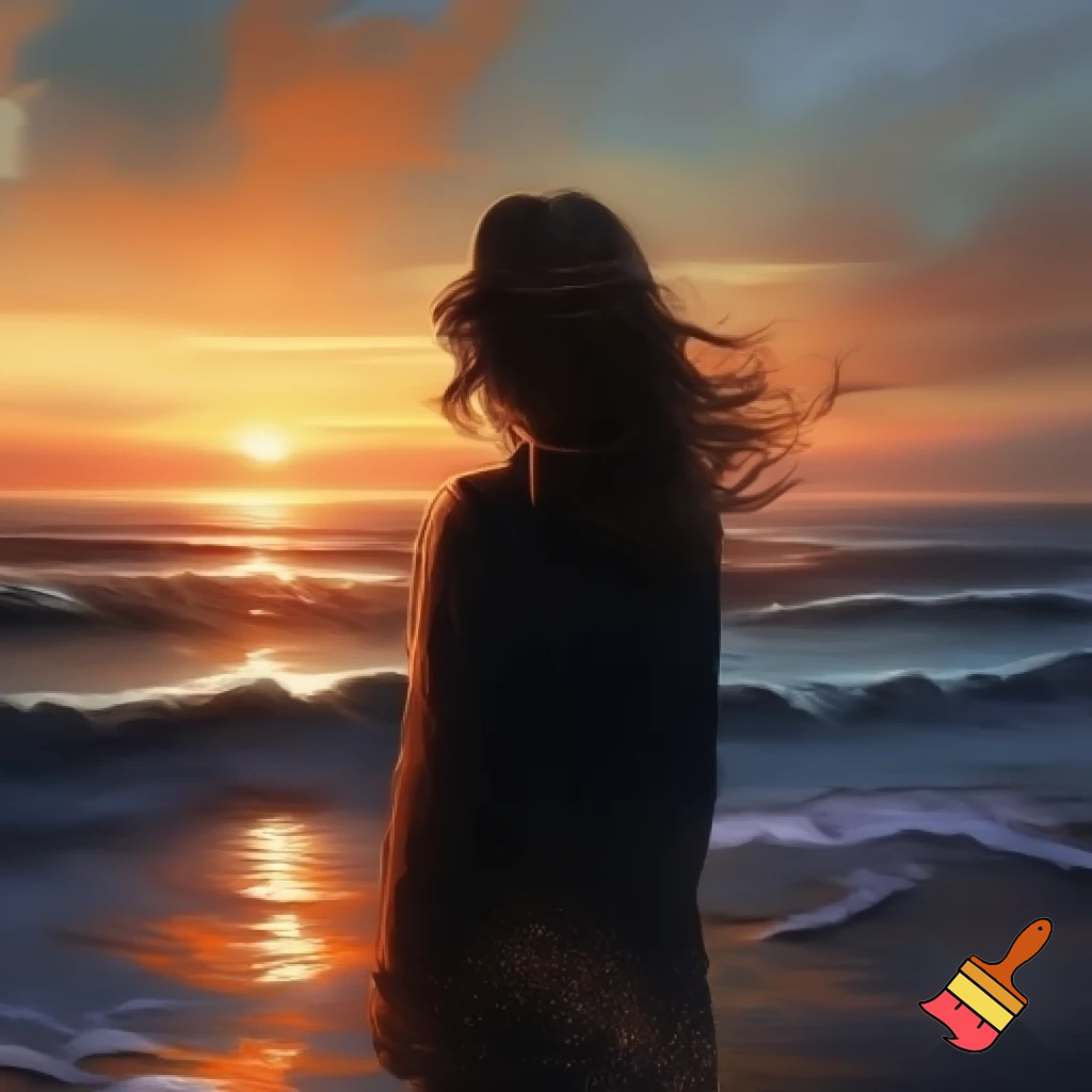 Lonely tall girl with brown hair watching the sun set on the beach alone