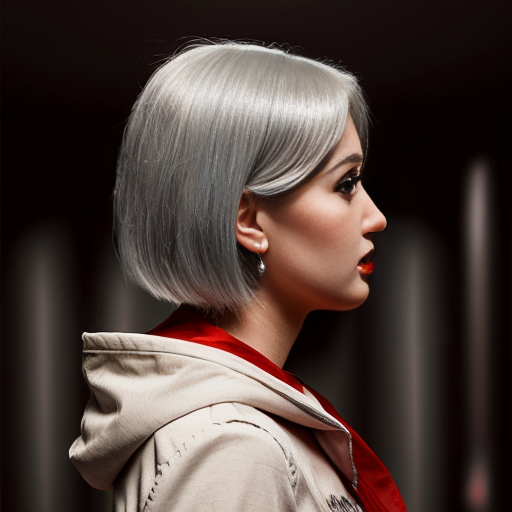 cute red riding hood, cinema, realistic, ultrarealistic, sideview, silver hair, strong makeup, kinderg