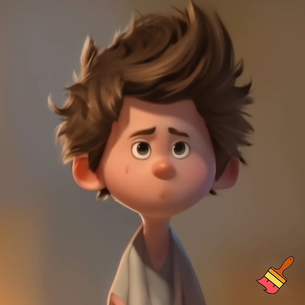 A 13 year old overweight boy with thick brown hair cut into a shape of toilet brush