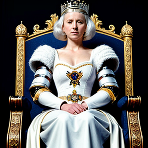 Tall, white-haired Queen of Poland in armor sitting on a throne