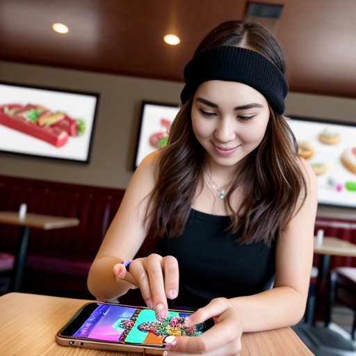 Goretzka play game on apple phone and Vanessa play game on apple phone at the restaurant 