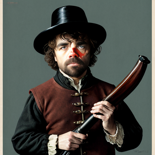 peter dinklage as a disgrunted pilgrim with a blunderbuss and hat with buckle norman rockwell illustration art style 