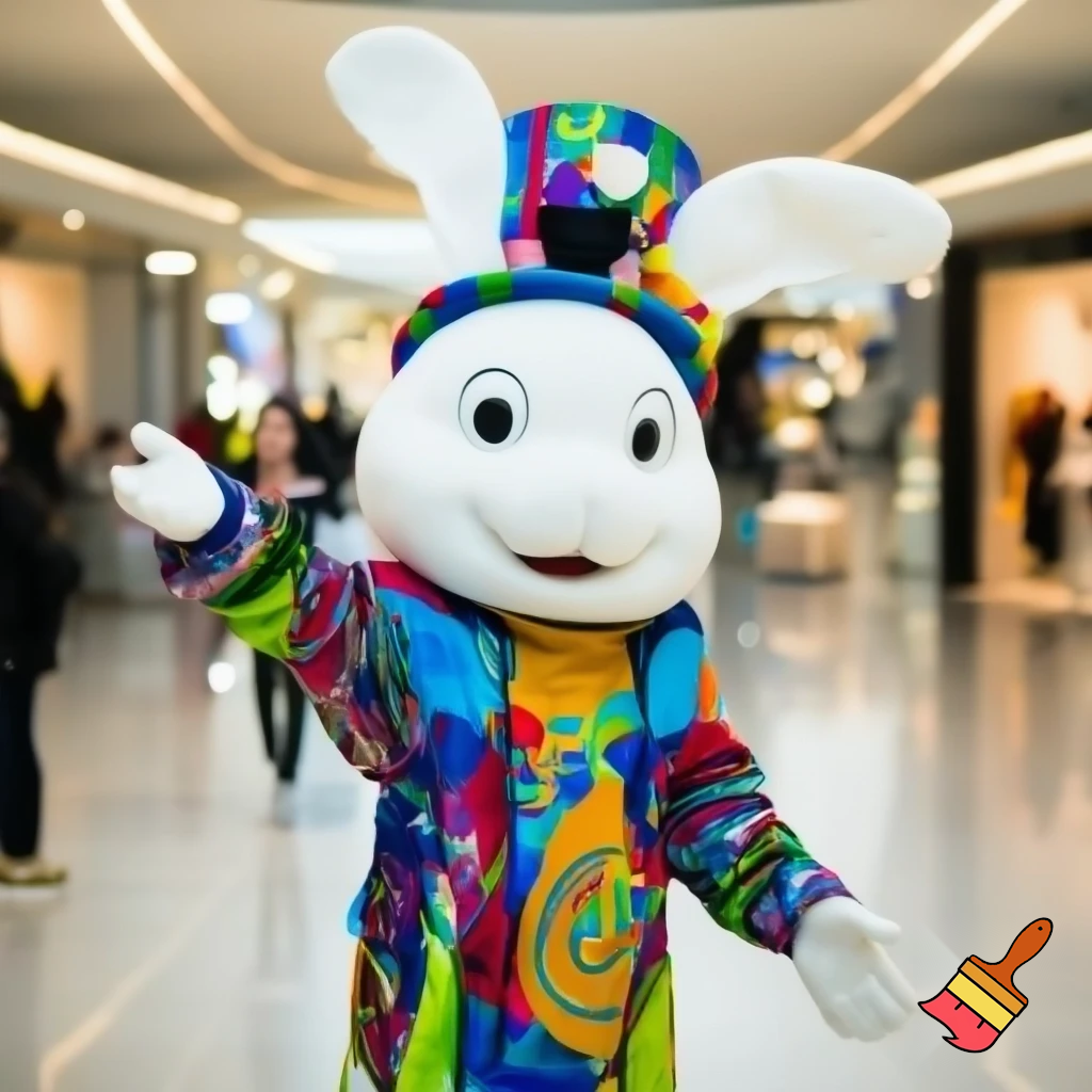 Easter bunny mascot costume top hat shopping Centre colourful jacket  colourful top hat