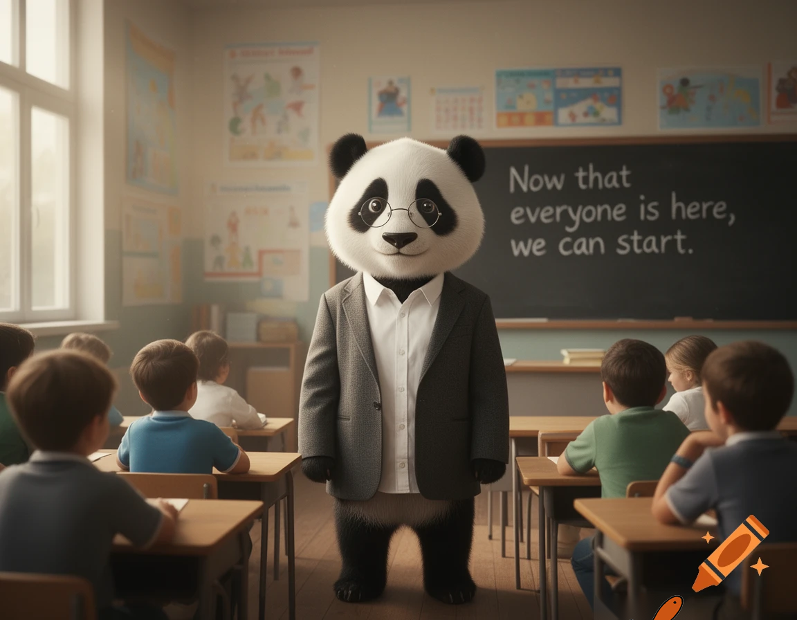 panda teacher says now that eveyone is here we can  start