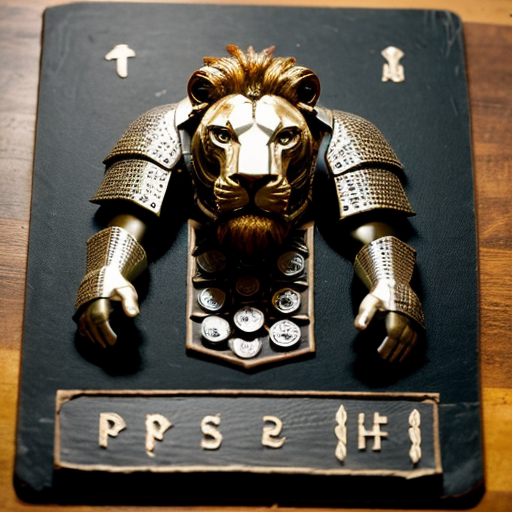 Giant medieval armoured man with the head of a lion pressing buttons on a magic rune board. Also pressing the buttons is a flying winged fairy that looks like it is made of diamond