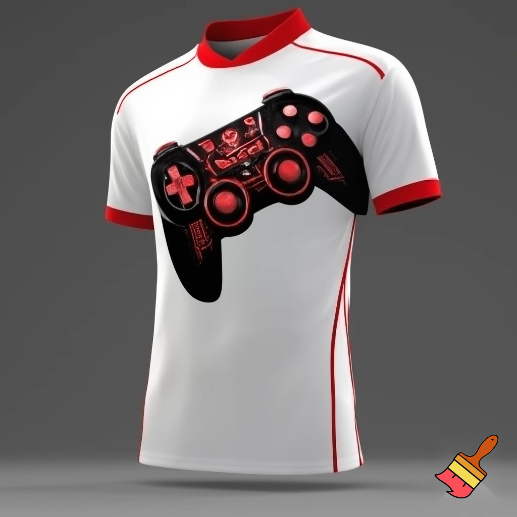 Una maglia da calcio bianca con dettagli rossi come il colletto alto e un controller nero dipinto sulla maglia al centro con dettagli rossi.  Fammi vedere tutta la maglia. Fai uno sfondo neutro 