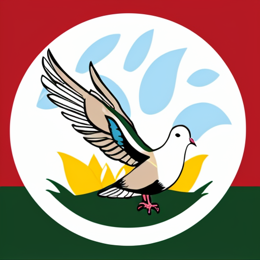 a flag with a dove in the middle and line designs behind the dove and in the mouth have a flower and the background green
