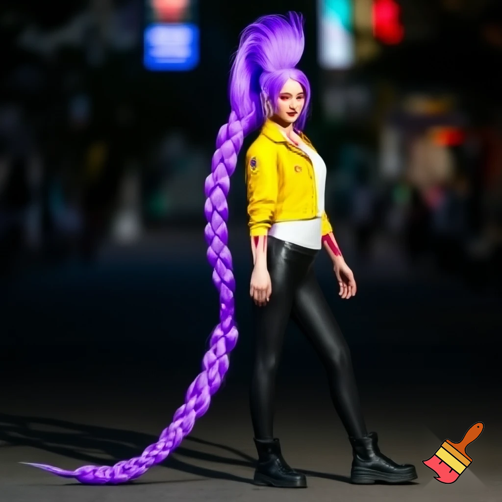 rumi, the main character in the animated film KPop Demon Hunters, is described as a slim and athletic young Korean woman in her early twenties. Her physical description in the film is highly stylized to reflect K-pop idol beauty standards, but the character design also emphasizes her strength and agility as a demon hunter. ties, reconciling her dual nature and the markings that appear on her skin. The hair is a vibrant, brilliant purple (often described as lavender or lilac in fan discussions). Unlike the demon patterns on her body which change color, the purple hair is a static feature that she has had since childhood, suggesting it is a natural result of her half-demon heritage rather than dye.
Style: Her hair is typically styled in a very long, high-swept braid that reaches down to her calves or even ankles. The specific braiding technique is most often a dragon braid or pull-through braid, which gives it a voluminous, segmented, and rope-like appearance that can whip around dramatically during fight scenes. with a yellow jacket and a white top and black pants and black boots