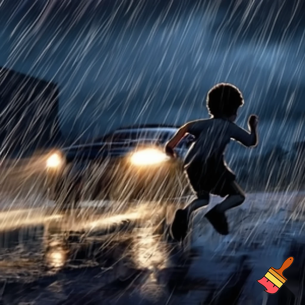 11 yr old boy running to the car in the rain