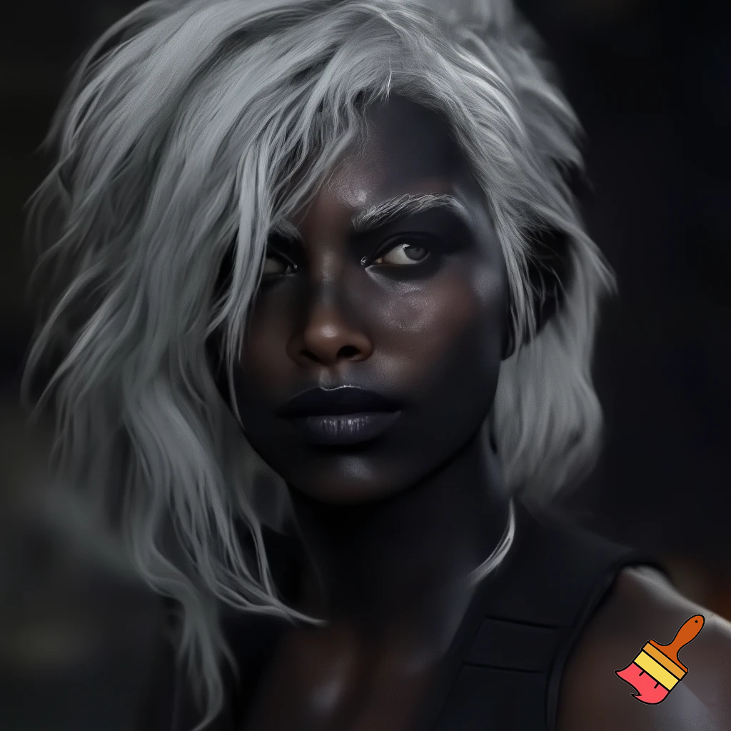 portrait of female character with thick, white, unevenly cut thick hair, realistic, smooth face, charcoal black skin, caucasian features, unkempt hairstyle, lending the person an edgy and adventurous appearance, dark adventure atmosphere, transparent background