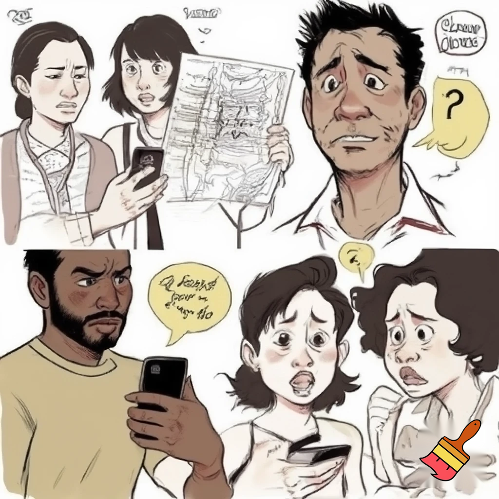 A friend of mine in Kuala Lumpur once had visitors who got lost on their way to her place. They asked the building guard for directions and said: “We’re looking for a foreign girl who lives here.” And the guard answered casually: “Oh, you mean the young Black girl?” The visitors immediately panicked — they thought he had just offended her, especially because she was listening on speakerphone the whole time. But when they apologized to her, she was completely confused. “For what? I’m not offended.” generate for me an image with 3 scenes showing visual support for my story : the first image shows the visitors lost asking to the guard "we're looking for a foreign girl living here." the second : the guard answering with that question and the last : showing the visitors with an exaggerate shocked and ambarrass face looking cat the phone.on the first image, add the phone on the hand of the guy make it sketch style. and 3 visitors