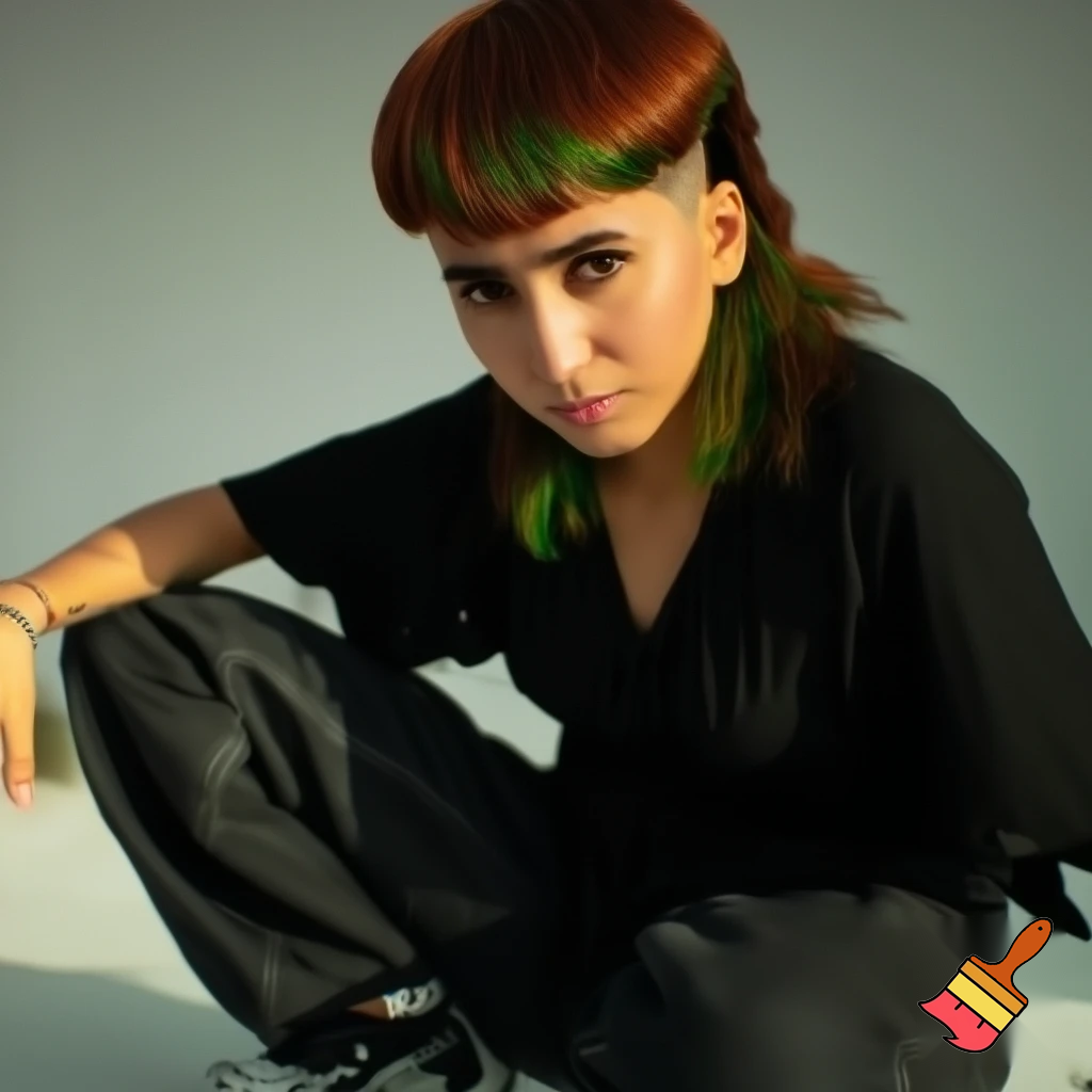 wygeneruj moją podobiznę 186 wzrostu włosy na modern mullet grzywka delikatnię w górę moje buty nike shox szare baggy jeansy czrna luzna bluza wyrazista szczęka i oczy brązowo zielone kolor włosów brązowe