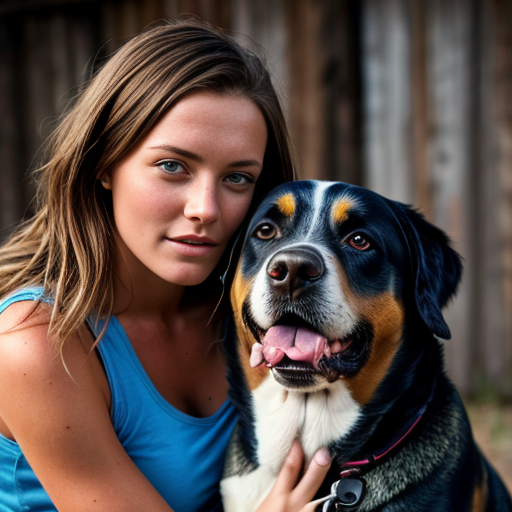 una ragazza con i capelli mossi e marroni e gli occhi azzurri vicino a un cane bovaro del bernese. vestiti techno .sopra la foto scrivi giulia e rock