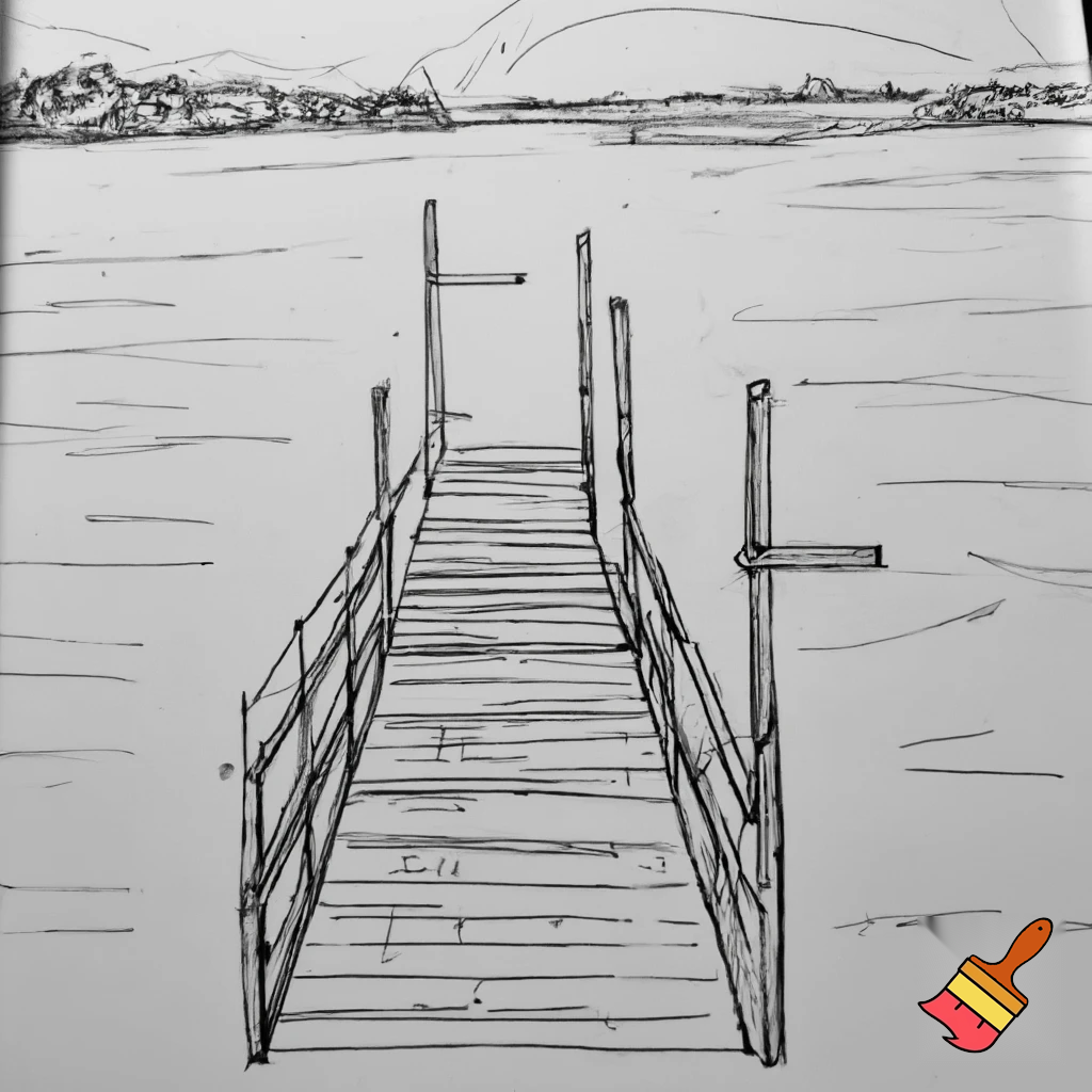 A construction sketch of a dock with railings and a T shaped end over the water 