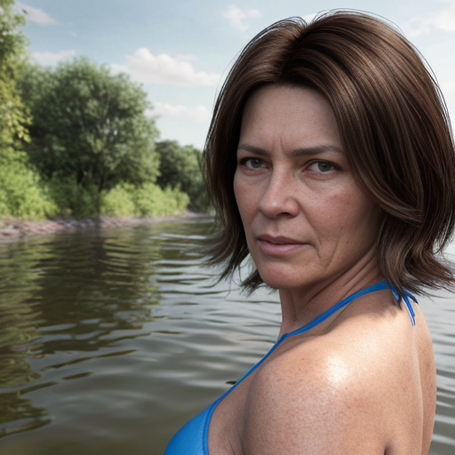 A woman, 51 years old,  stands at the riverbank. Backside. She has short dark brown hair. Woman is little bit chubby. Woman is wearing her blue bikini. Woman's head is floating 1 meter above her neck. 