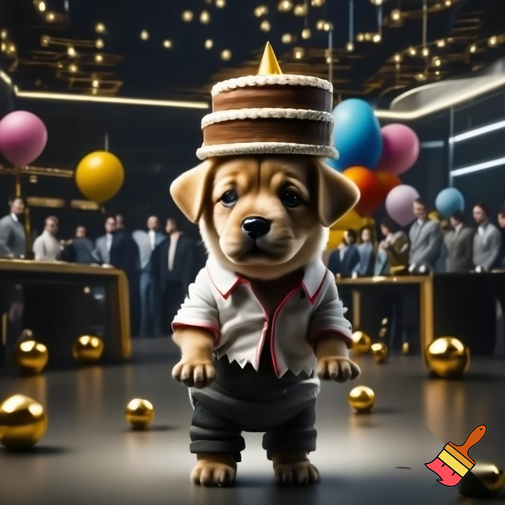 "A tiny, cute, small light-brown baby puppy standing inside a large luxurious modern office filled with many people. The puppy looks very shy. He is wearing a dirty and torn white shirt with red outline and a half-dirty black pant. The office is decorated for a birthday party — balloons, fairy lights, shiny golden décor. The puppy is carrying a huge triple-layer cake on his head, struggling to balance it. Cinematic soft lighting, realistic 3D style, emotional atmosphere, people in the background staring."