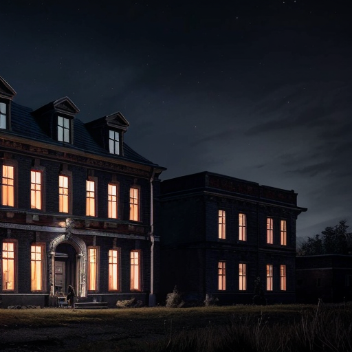 Wide view of boys hostel building, most windows dark, only one room light glowing on upper floor, silent night, suspenseful mood, cinematic horror animation