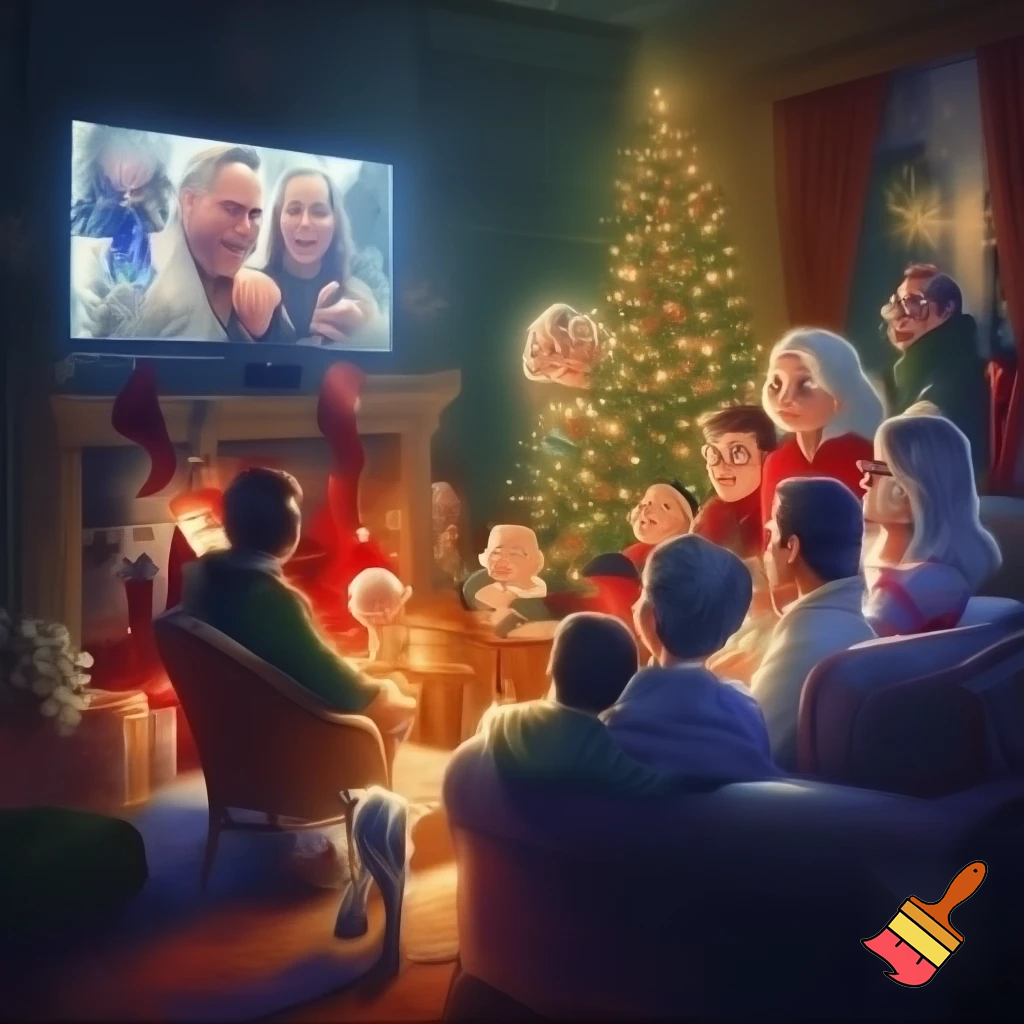 Make me a nice cosy Christmasy family in the living room watching a movie for christmas very big and only