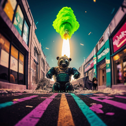 A radioactive neon superstorm detonates over Israel, but this is not a postcard — it’s an operatic meltdown of reality itself. The Mediterranean boils into fluorescent slime as skyscrapers twist like furious chrome serpents, vomiting holographic advertisements into a sky the color of poisoned amethyst. A colossal cyber-hyena with molten circuitry veins stalks across the skyline, its laughter shattering satellites into glittering shrapnel. Thunderclouds shaped like shattered crowns spit acid rain that hisses on contact with the pavement, carving glowing runes of pure chaos into the streets. The air tastes like ozone, rebellion, and burnt sugar.

Across a levitating boardwalk of glitching pixels and flaming street signs, grotesquely over-the-top tourist caricatures in oversized mech suits argue with a parliament of venomous parrots wearing gold-plated gas masks. A gigantic mutant alligator made of oil slick and broken mirrors drags itself through a fountain of liquid energy drinks, snapping at drones shaped like screaming cherubs. Nearby, a pride of lions with flaming manes made of corrupted data prowl through piles of melting marble statues, while obese, winged bulldogs belch plumes of glittering smog that morph into corporate logos before exploding. Everything is excessive, loud, intentionally abrasive — a maximalist fever dream choking on its own spectacle.

In the foreground, a furious raccoon in a spiked leather jacket spray-paints the moon with toxic-green graffiti while riding a rocket-powered shopping cart through a tornado of shattered fast-food crowns and burning velvet curtains. A massive vulture with chrome talons perches atop a throne of cracked smartphones, screaming binary curses into a megaphone made of bone and crystal. The entire image is drenched in corrosive neon, hyper-contrast shadows, aggressive fisheye distortion, and apocalyptic 64K detail — a visually “toxic” symphony of excess where subtlety has been obliterated, reality is glitching beyond repair, and the universe itself seems one sarcastic comment away from spontaneous combustion.