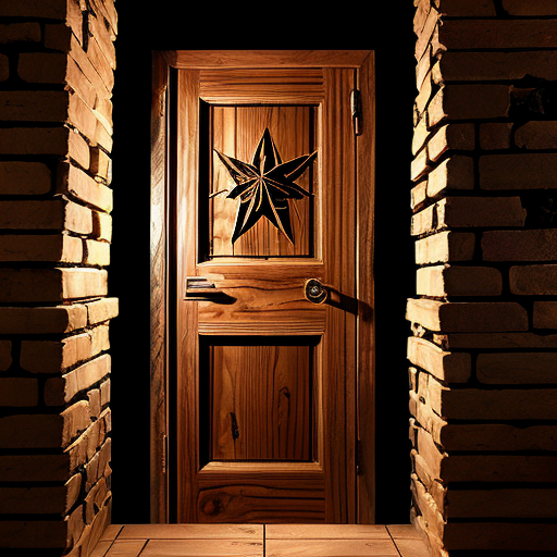 a wooden door with a star scratched onto it in a dark passage way with stone bricks.