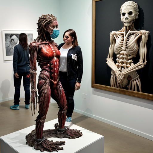 A high-resolution, detailed photograph capturing a complex, visceral biomechanical sculpture and human subject within a contemporary art gallery setting. The central figure is a large, elaborate sculpture constructed from exposed anatomical textures, deep red meat, bone, and intricate wiring, featuring multiple multi-jointed human heads and torsos with agape, screaming mouths, suspended and framed by white PVC piping and supports. The sculpture rests on a distressed white plinth with wheels. Standing next to it is a person wearing a light blue face mask, a black long-sleeved shirt, dark jeans, and grey sneakers. In the foreground, another sculpture covered in a white cloth is visible. The gallery walls are mint green, and a large, framed classical painting is on the wall behind the sculpture. The scene has even, diffused lighting that highlights every extreme detail and texture, making the gore and materials look palpably real."