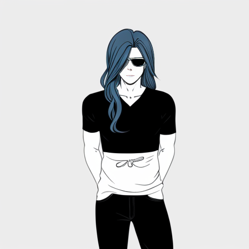 Very sexy, hot, handsome, cute, adorable, beautiful, gorgeous, charming, sweet young adult anime boy with very long blue hair covering one of his eyes, and wearing casual clothes. Dark black tight jeans, black shirt