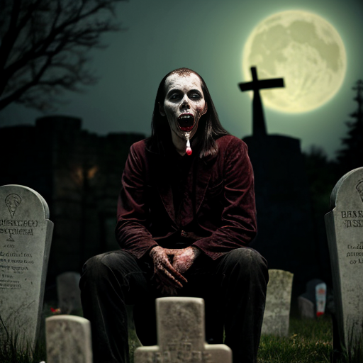 a vampire face with full crimson blood in his mouth. he is sitting in a grave with other zombies around and behind him is a big ancient castle