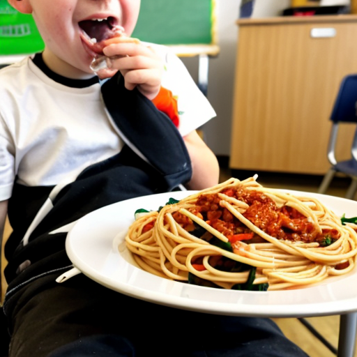 A German kid eating spaghetti and gooning in class