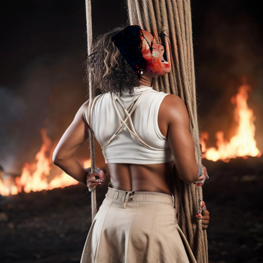 Actress Nia Long long curly hair naked wear a light beige skirt arms behind back to the pole ,tied up by ropes background screaming burned at the stake fire
