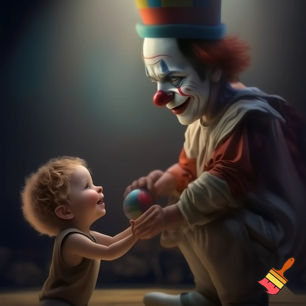 I want a picture of a circus clown with his face clearly visible, showing all the details. He should be looking sad, wearing a circus hat, and standing. In front of him is a child giving him a small circus ball, and the child is happy. The child looks at the clown's face.The clown and the child should be depicted with all the details of their bodies, including their hands and feet. I want it to be realistic, not a cartoon 
