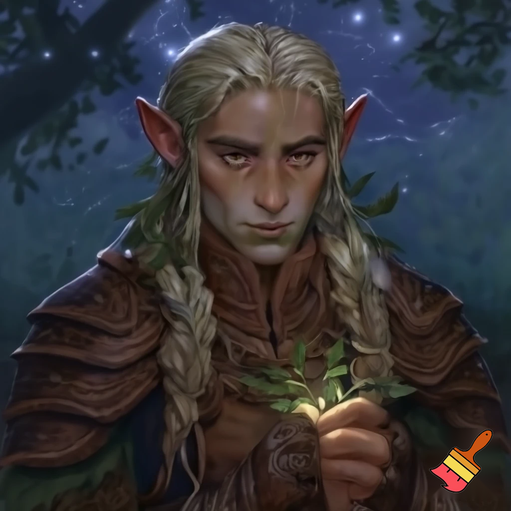  male wood elf circle of the stars druid pale skin blond hair hazel eyes leather armor with a sprig of mistletoe as a necklace