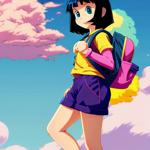 Little Dora purple backpack pink t-shirt orange sex short pants yellow socks white sneakers on a sitting big Cloud ride flying in the Sky the 1990s/early the 2000s mario