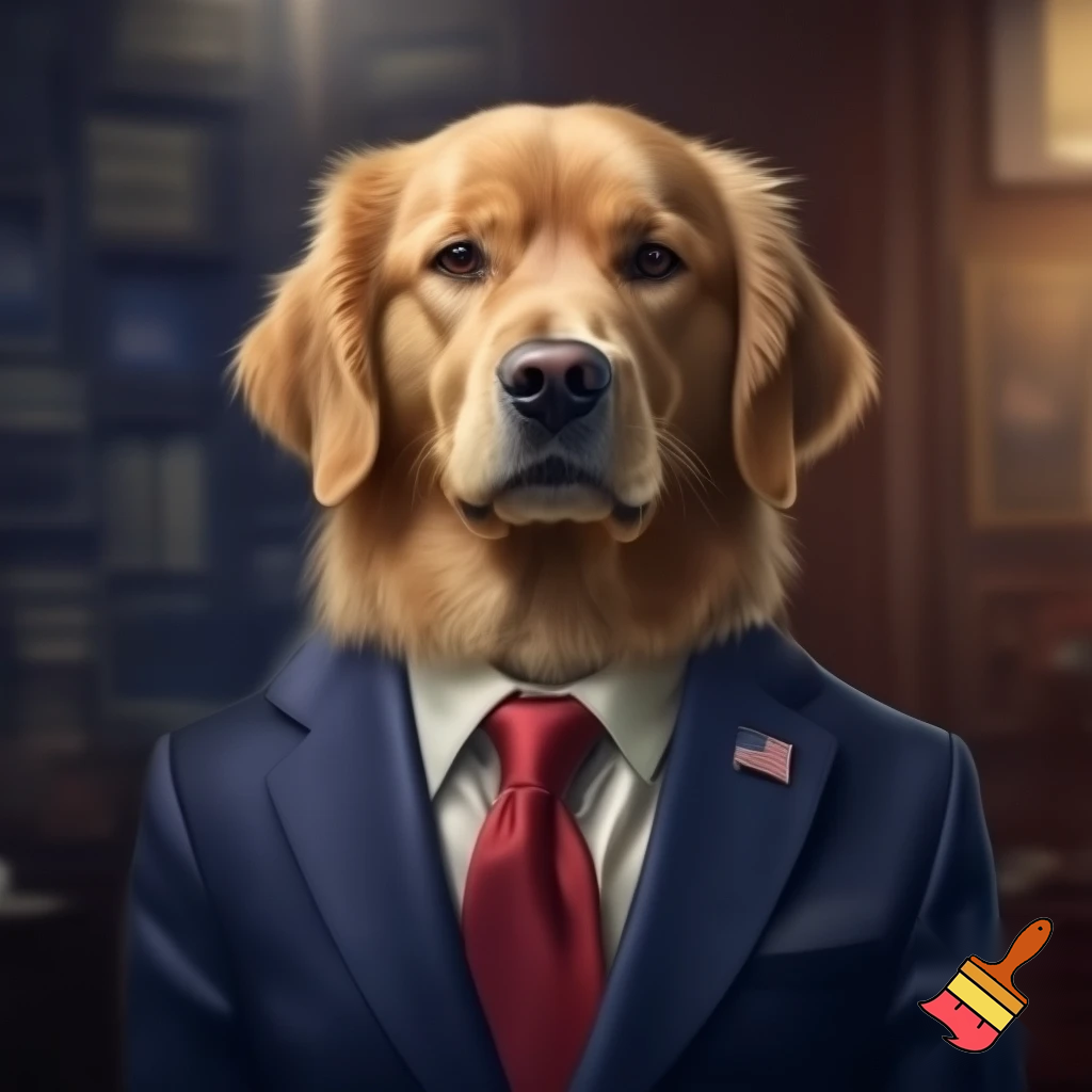 make me a golden retriever in a suit with a red tie tucked in with the American flag pin Donald Trump has