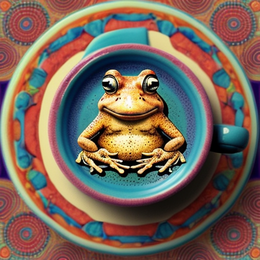 A hillarious, funny boho toad with some hippie colored coffee cups. Psychedelic decorated background.