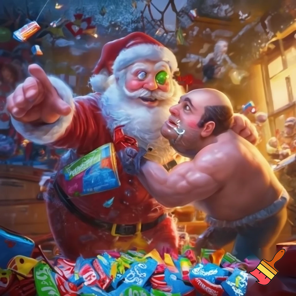 Santa and a bald man fighting over nerds the candy
