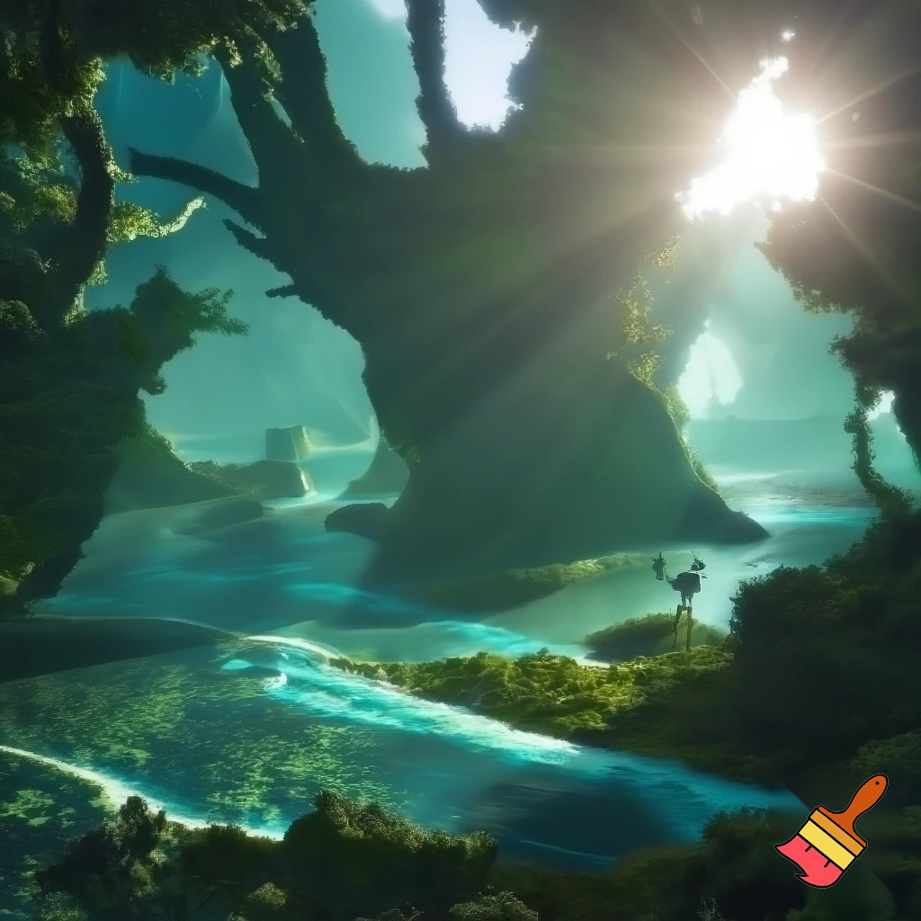 First glimpse of alien paradise — huge engineered trees humming, shimmering transparent rivers, empty paradise with no fauna, human-like figure rising above ground mid-leap (unexpected anti-gravity), dynamic motion blur, sunlight flares, cinematic wide shot, vivid greens and turquoise, high detail.

Settings / Steps:

Aspect ratio 16:9.


Lighting: intense backlight with rim highlights on foliage.

Keep environment lush but eerily empty.


Negative prompt: crowded scene, animals, text, low detail, childish style

Variations: quiet close-up on hand touching tree that hums, leaf-scale macro.
