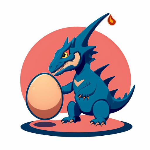 A dinosaur with a hell demon like head and it has wigs it is guarding an egg that is on top of a magma  pillar. There are some tiny dragons around it the area is covered in magma