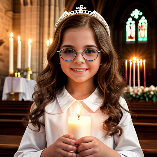 Cute adorable niña Chilindrina glasses con hair curly Blonde con corona Flores con verano elegante formal primera comunión sensual sexy con holding vela dé candela con altar con iglesia templó católico 4