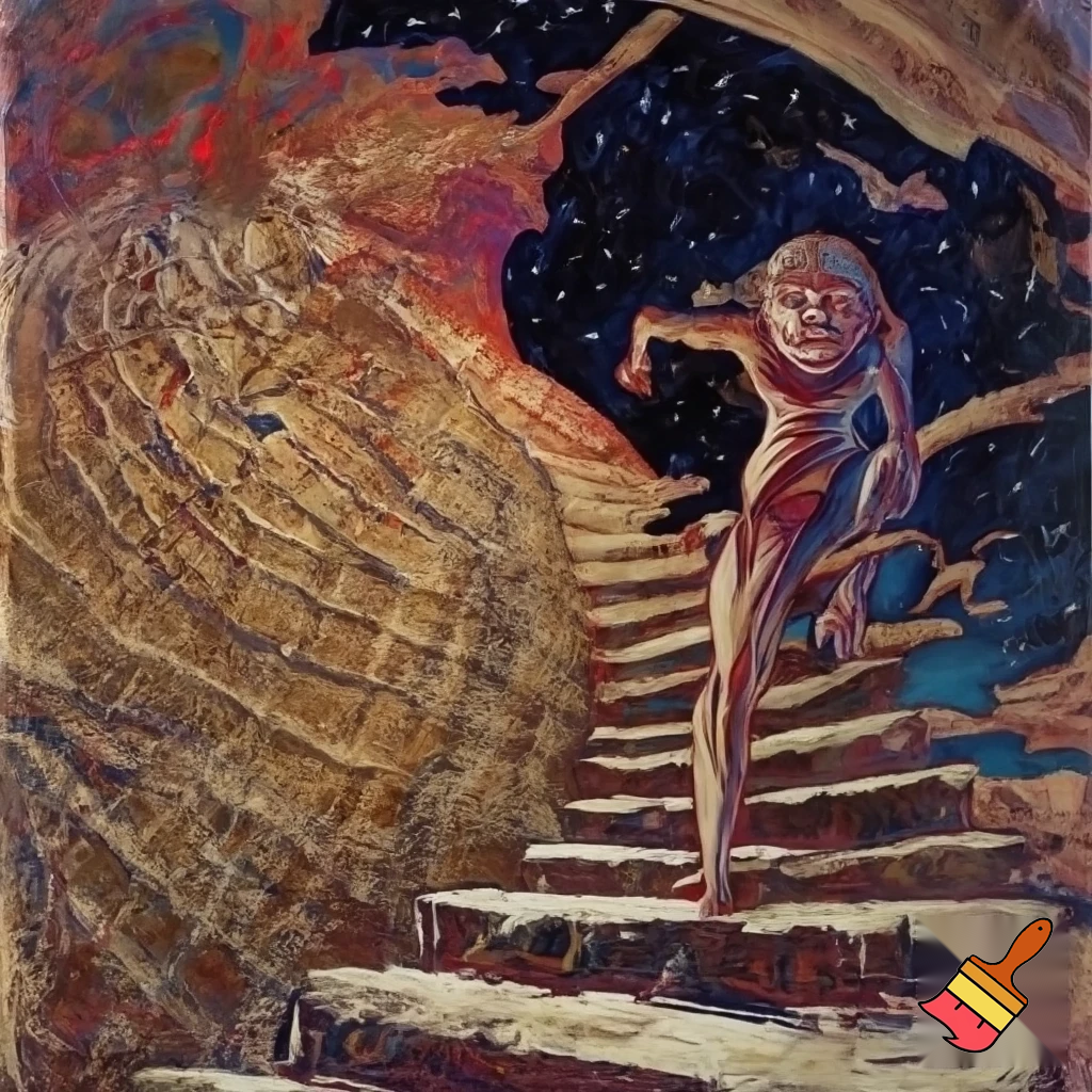 A woman climbs the Stars, to the top of the stone old Stars, the grada about at jer, they Make a noice. Hyperexpressionism. Abstract. Art Brut.