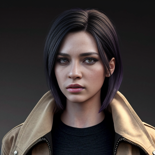 Anthropomorphic female black wolf with long pretty black hair and purple eyes, wearing a brown jacket 