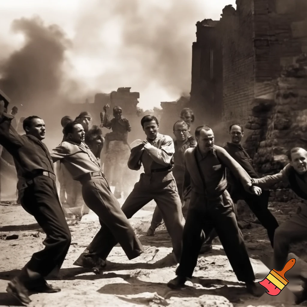 Historical looking photo of the Polish resistance in 1939, pushing back the advancing nazi invasion with a snazzy jazzercise routine