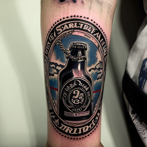 a noose hanging around the neck of a beer bottle, in the style of sailor Jerry American traditional tattoo