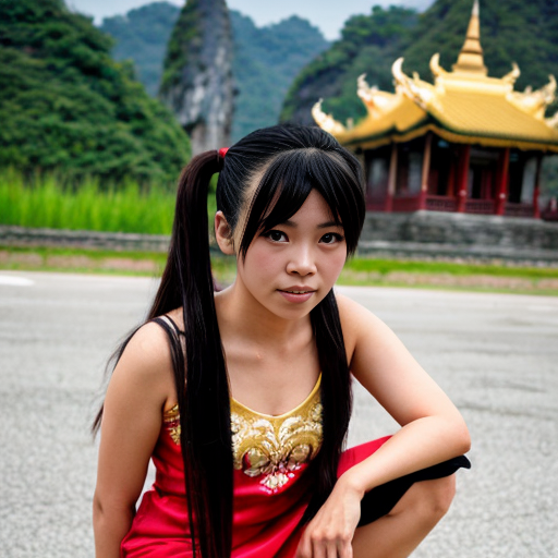 Anime style short woman from indochina, she wears a short red dress with gold embroidery, she has her bkue-black hair up in either 2 buns or 2 ponytails. She has a determined look on her face. We view her from a few steps away face-on. She is crouched forward looking like she has just finished a backflip.