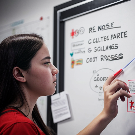“A student distracted by phone, snacks, and noise. Clock showing time passing. Red cross mark. Whiteboard doodle style.”