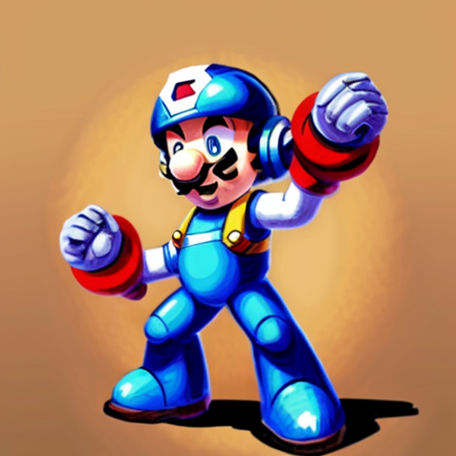 Illustrate the character Megaman in the art style of the Super Nes' game Super Mario RPG, add also a classic Megaman background but turned into the same Super Mario RPG art style.