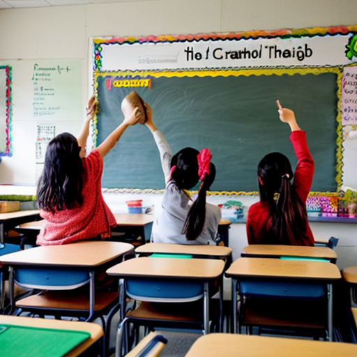 Please create a drawing of a teacher in a classroom holding a yam and the students are pointing, watching, and interacting. Please make the characters pacific islanders