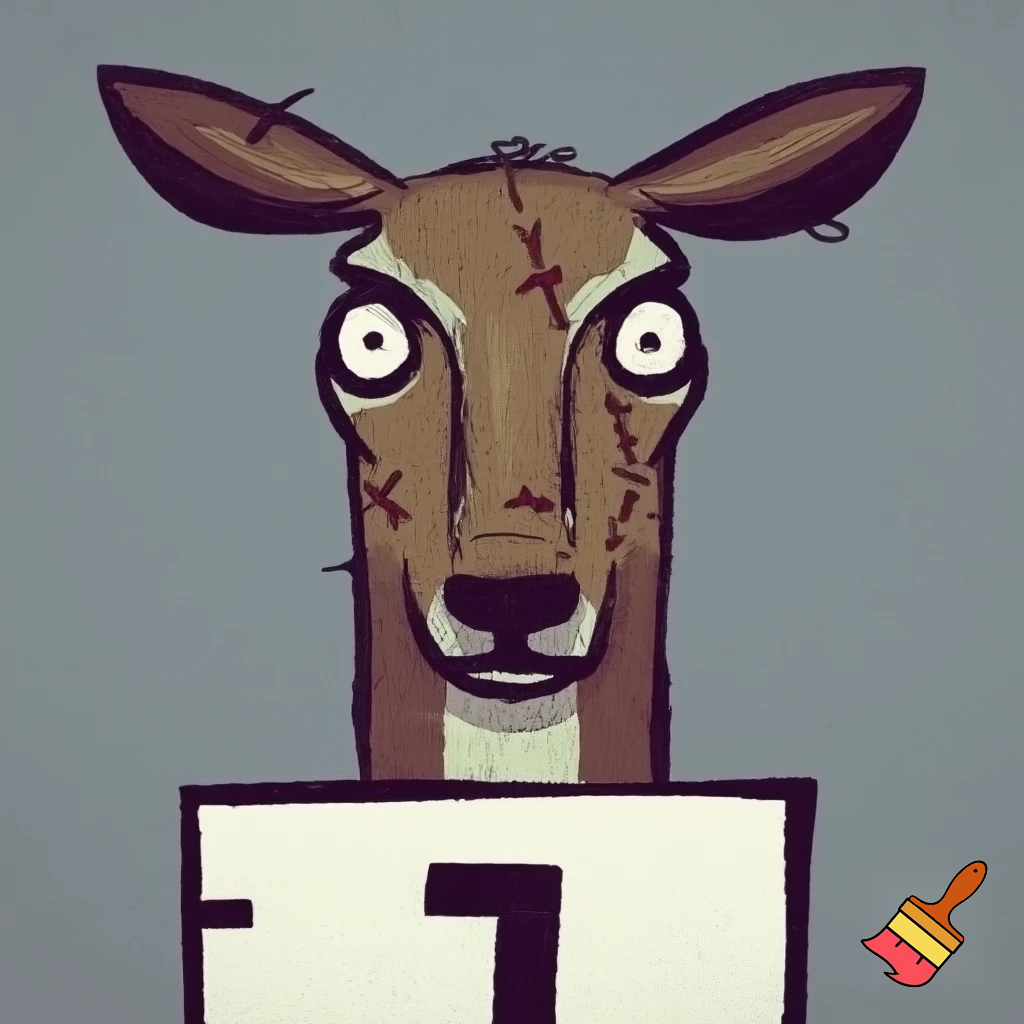 a mug shot deer criminal with a straight face with scars with a  number board looking cartoon