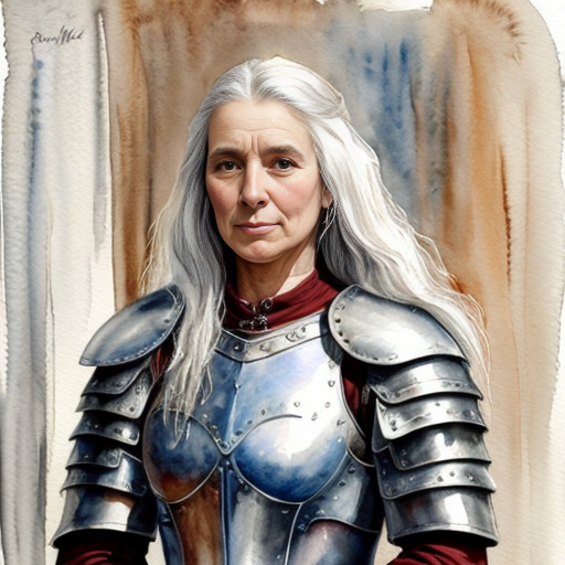 young, tall, white-haired woman in armor is sad because a Turkish man stole her knife.