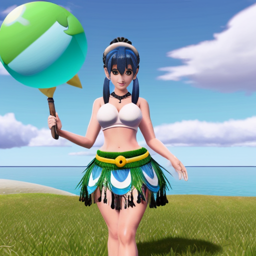 Lana from Pokemon Sun and Moon outfit otea tahiti  in  grass skirt  bleu and tassel   bleu sky 